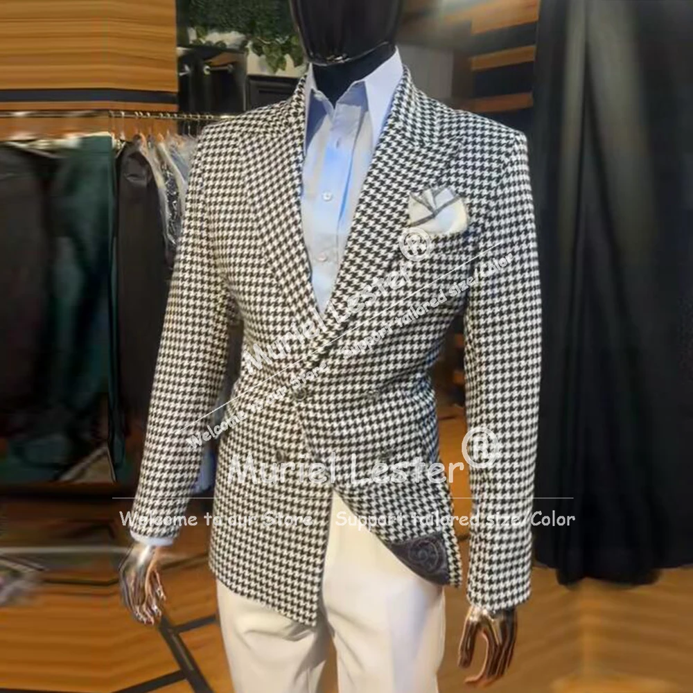 

Classic Houndstooth Plaid Suit Men Double Breasted Jacket Pants 2 Piece Customized England Style Retro Groom Tuxedos Man Blazers