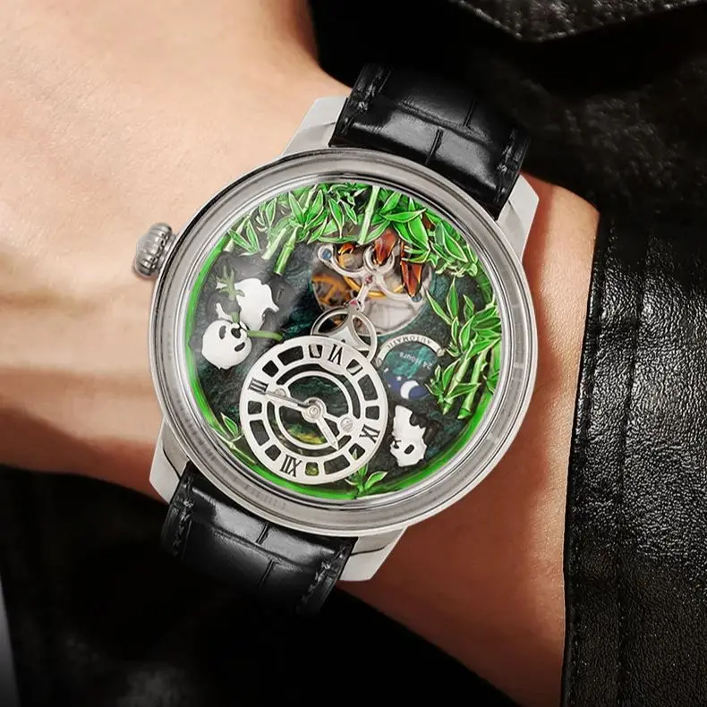 HANBORO Men Automatic Watch Fashion 46mm Mechanical Wristwatch Luminous Bubble Mirror Panda & Bamboo Dial