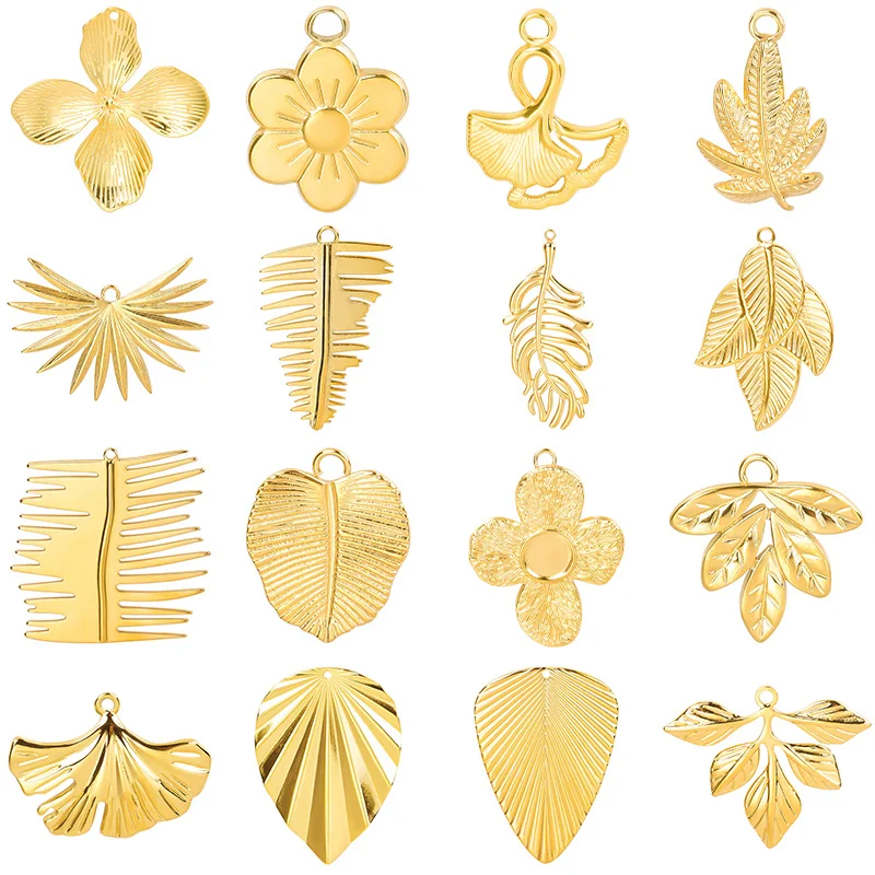 Four Leaf Clover Fashion Stainless Steel Pendant Plant Green Leaves Fan Ginkgo Biloba Leaves Pendants Hand  Diy Jewelry Making