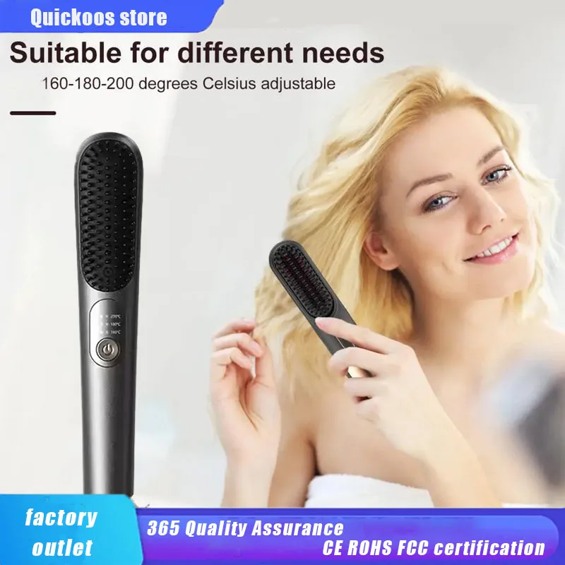 

Hair Straightener Brush USB Rechargeable Cordless Negative Ions Hot Brush Electric Fluffy Curly Hair Styling Detangling Comb