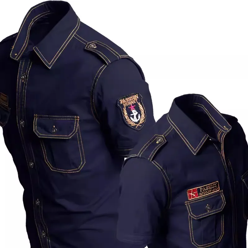 

Summer Cotton Tactical Cargo Shirt Mens Multi Pocket Badge Embroidered Combats Tops Casual Breathable Tooling Chemise Homme