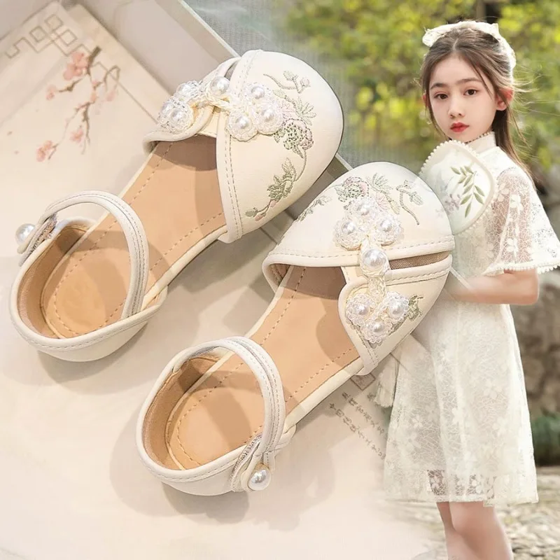 New Summer Girls Embroidered Wrap-around Sandals Children Soft-soled Hanfu Princess Casual Shoes Kids Breathable Mary Jane Flats