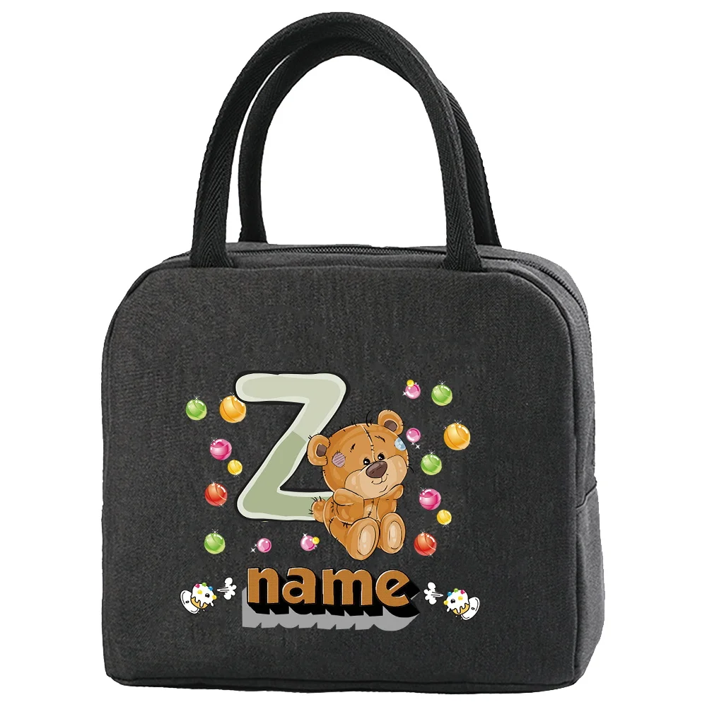 Personalized Customization Name Black Insulated Lunch Bag School Lunch Box Bag Practical Handle Bag