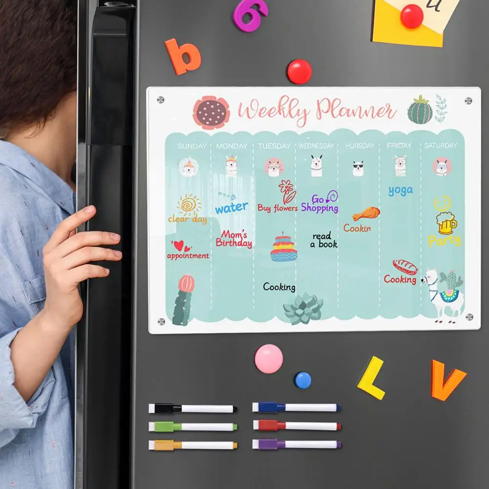 Superficie de escritura suave, pegatinas magnéticas organizadoras de pizarra blanca, planificador semanal de acrílico transparente