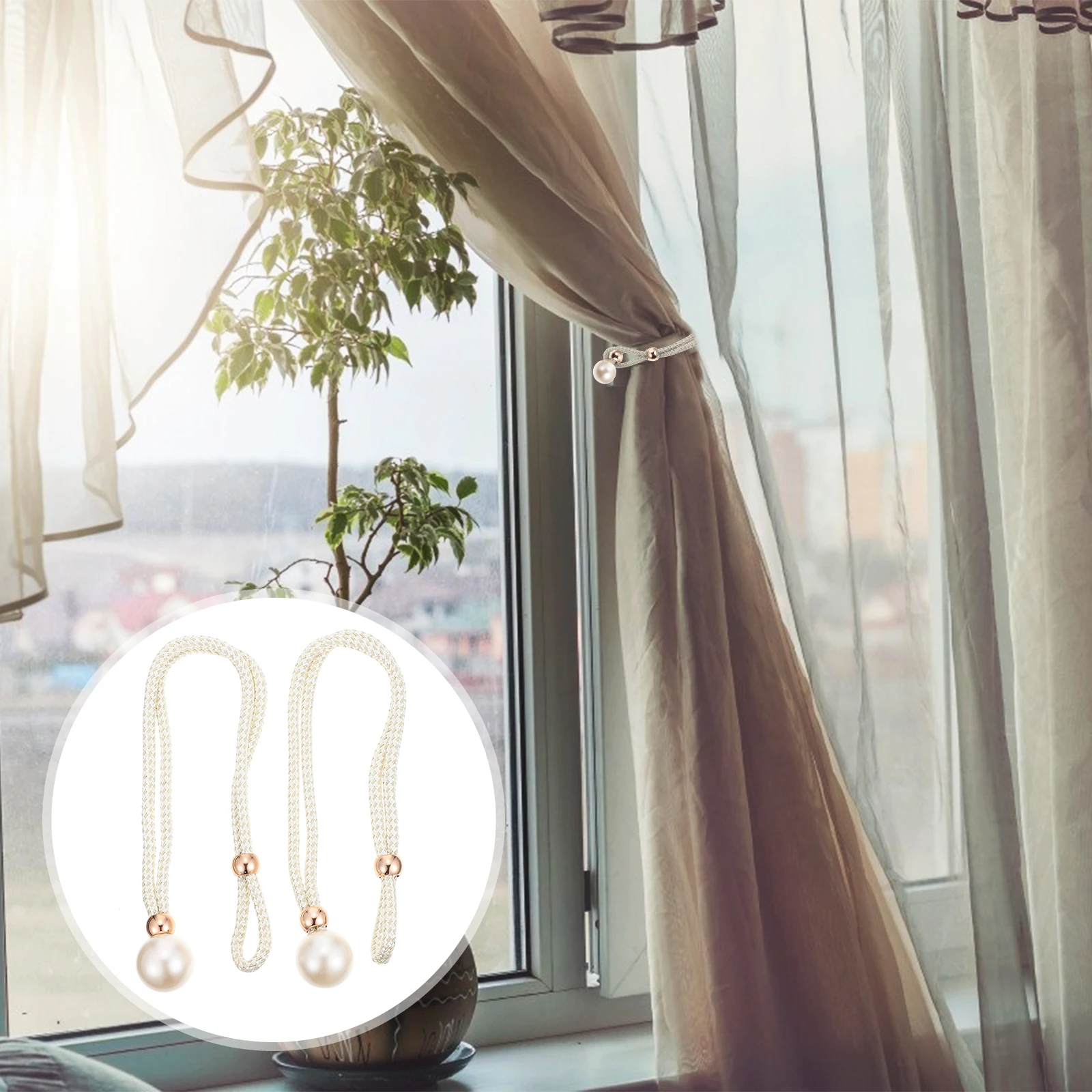 

2pcs Tiebacks Adjustable Plastic Polyester Binding Strap Decorative Pearl Buckles Home Curtain Fixing Buckles Accessories