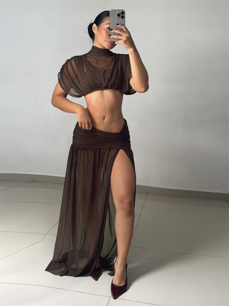 Sexy Prom Dress 2 Pieces Skirt Set Full Sleeves Short Top Bra+Party Gown Casual Formal Wedding Guest Birthday Evening Robe