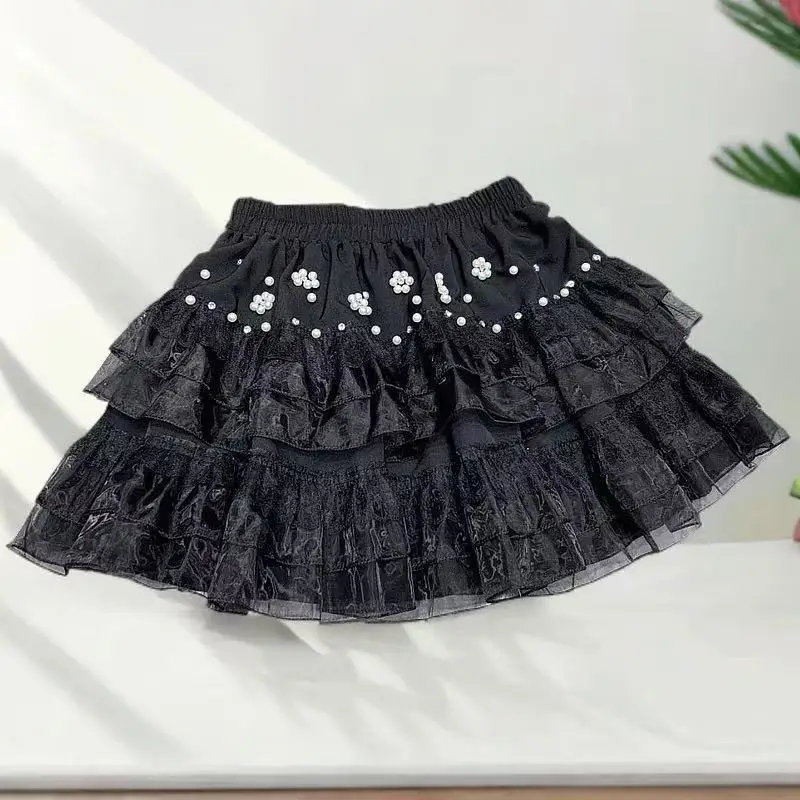 Sweet Beading Lace Mini Skirt Women Ball Gown Summer Casual Y2k Clothes Kawaii Elastic Waist Black White Tulle Skirts Harajuku