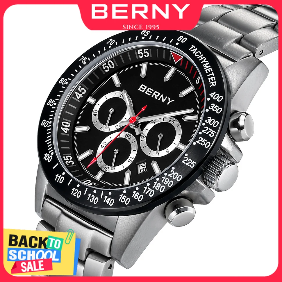 BERNY Quarzuhren für Herren MIYOTA OS20 Multifunktions-Chronograph Saphir Leuchtende Herren Sportuhr Tauchen 10ATM Herrenuhren