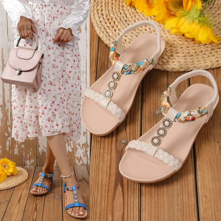 

Пляжные повседневные сандалии на плоской подошве для женщин, летняя уличная обувь в стиле ретро, мягкие сандалии с бусинами, противоскользящие