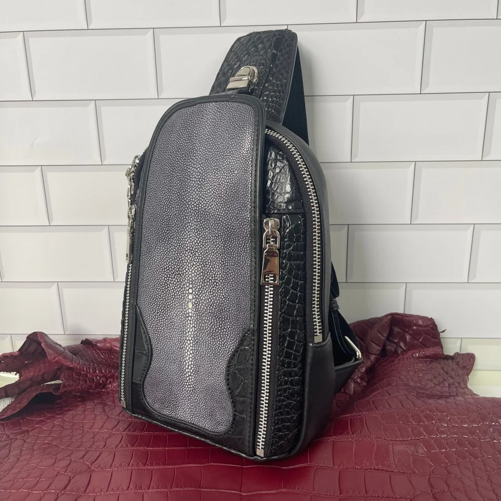 Luxury Real Crocodile Stingray Leather Chest Sling Bag For Men Handmade Multi Pockets Crossbody Business Travel Waist Pack
