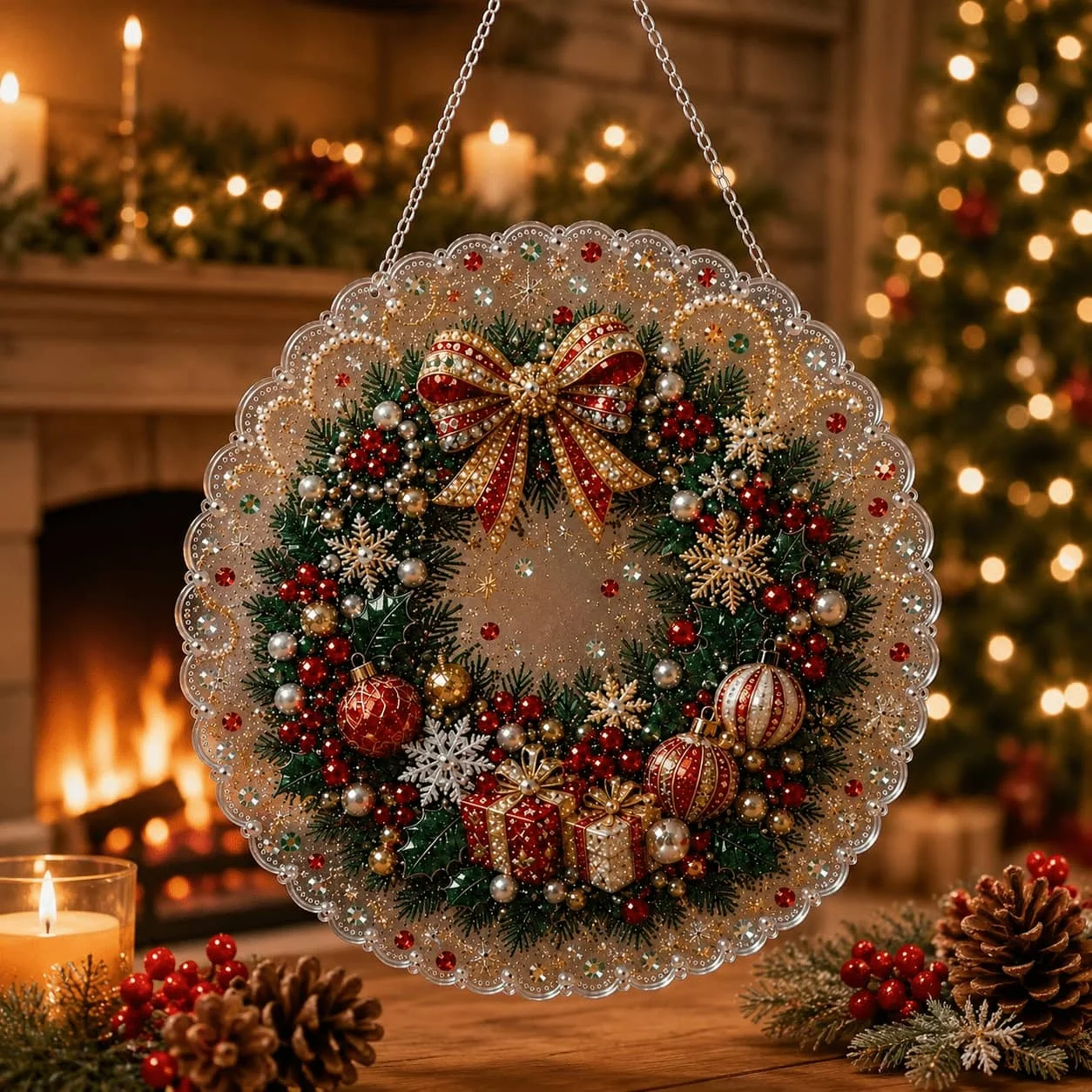 1 Piece Christmas Pearl Diamond Painting Light-Absorbing Board Set, Acrylic Diamond Pearl Art Painting, Christmas Diamond Painting Hanging Pendant, 5D Flat Mixed Size Pearl Bead Crafts