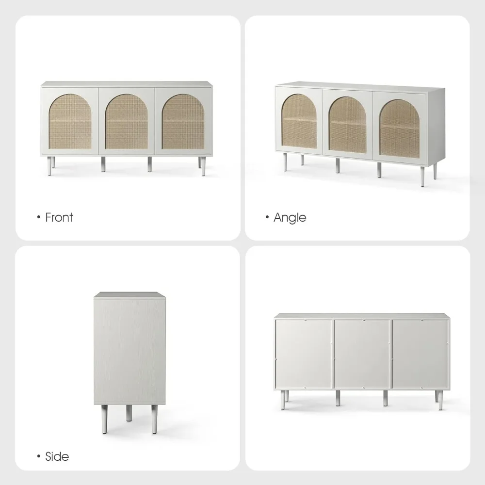 خزانة بوفيه جانبية من Farmhouse Boho مع 3 أرفف و3 أبواب من الروطان، وطاقة تخزين المطبخ بأرجل معدنية،