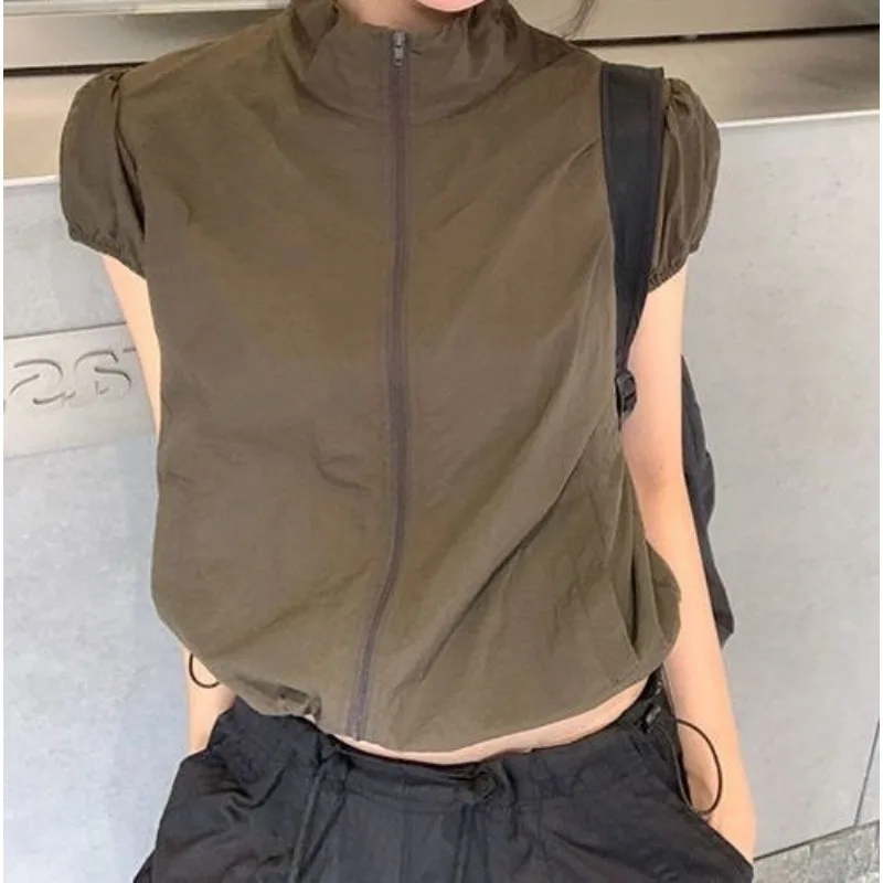 

Summer 2026 Vintage Thin Stand-Up Collar Short Zipper Women's T-Shirt