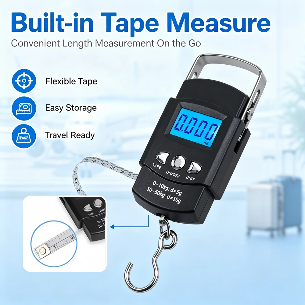 New 50KG/10g Digital Fishing Scale with Ruler Portable Travel Luggage Weighing Scale Digital Fishing Scale Kitchen Food Scale