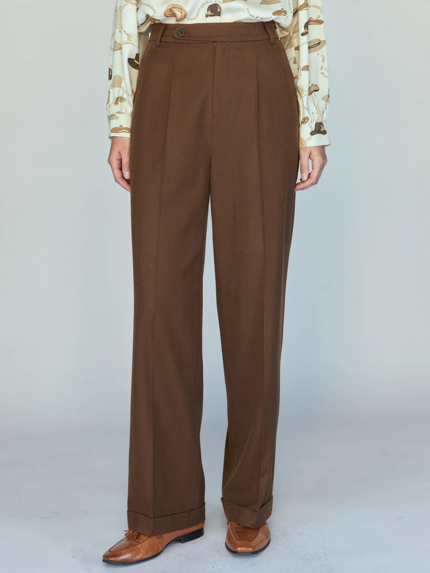 

Classic mid High Waist Woolen Cuffed Trousers JBT Gentleman Sle Vintage Oak Brown Retro High Waist Ladies Casual Pants