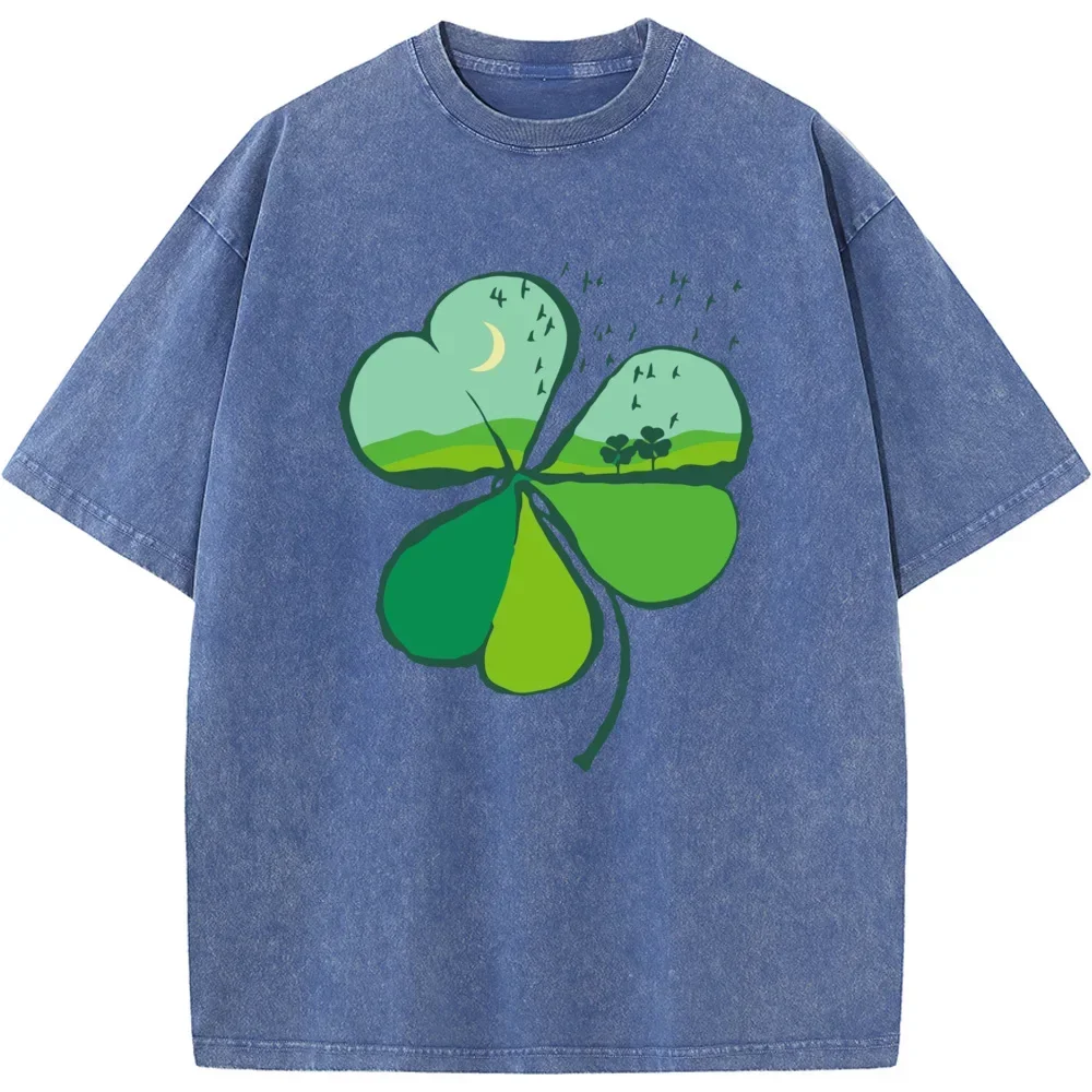 Clover Landscape St Patrick's Day Men/Women Washed T-Shirt 230g Cotton Funny Loose Bleached Tshirt Retro Hip Hop Bleach T shirt