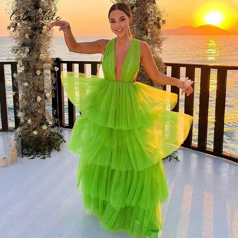 Catasdate Uma Linha Vestido de Noite Formal Tule Sexy V Pescoço Multicamadas فساتchter ة para Mulheres Personalizado