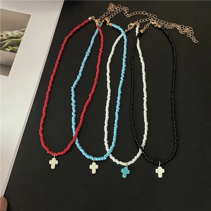 Fashion Cross PendantNecklace for Women Girl White Black Colorful Seed Beads Choker Necklace Trendy Gift Neck Jewelry