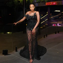 Robe Soiree Plus Size Black Prom Dresses Mermaid African Evening Gowns Women Beaded Crystals Long Party Gown Birthday Dresses