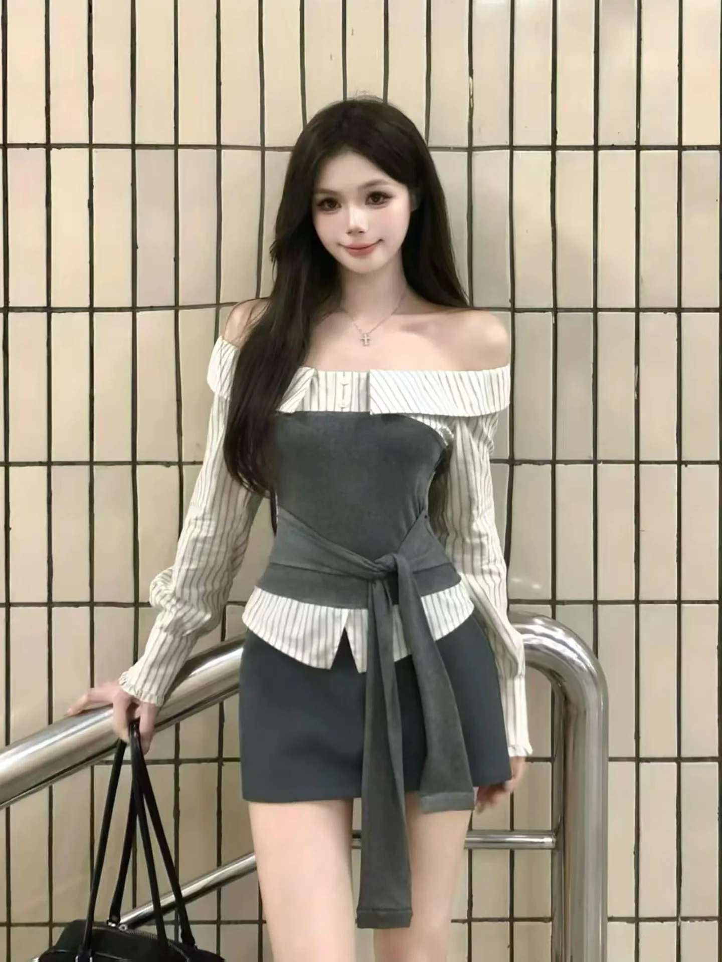 

High Waist Wrap Body Skirt And Top Set Women's Fashion Autumn Collection Stripe Pattern Long Sleeve One Shoulder Design