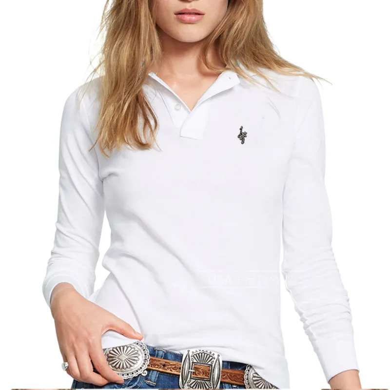 Women\'s Long Sleeve Polo Shirts Solid Color Woman Casual Lapel T-Shirt Cotton Fit Type Peacock Logo Tees Tops