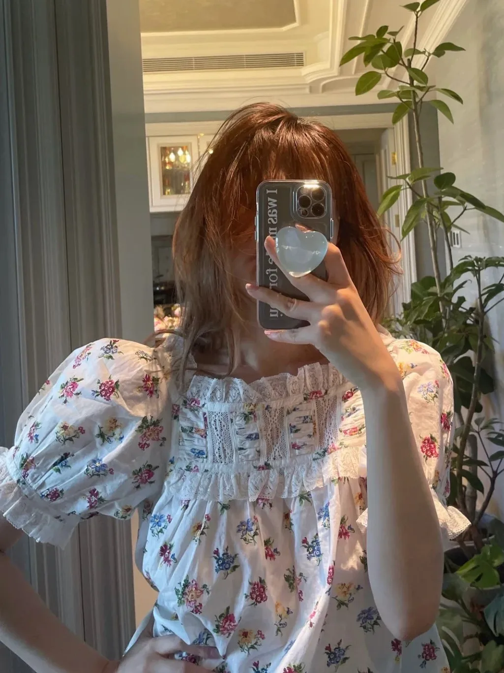 

Women Flower Print Blouse Top Lace Embroidery Patchwork Square Collar Puff Sleeve Casual 100% Cotton Shirt