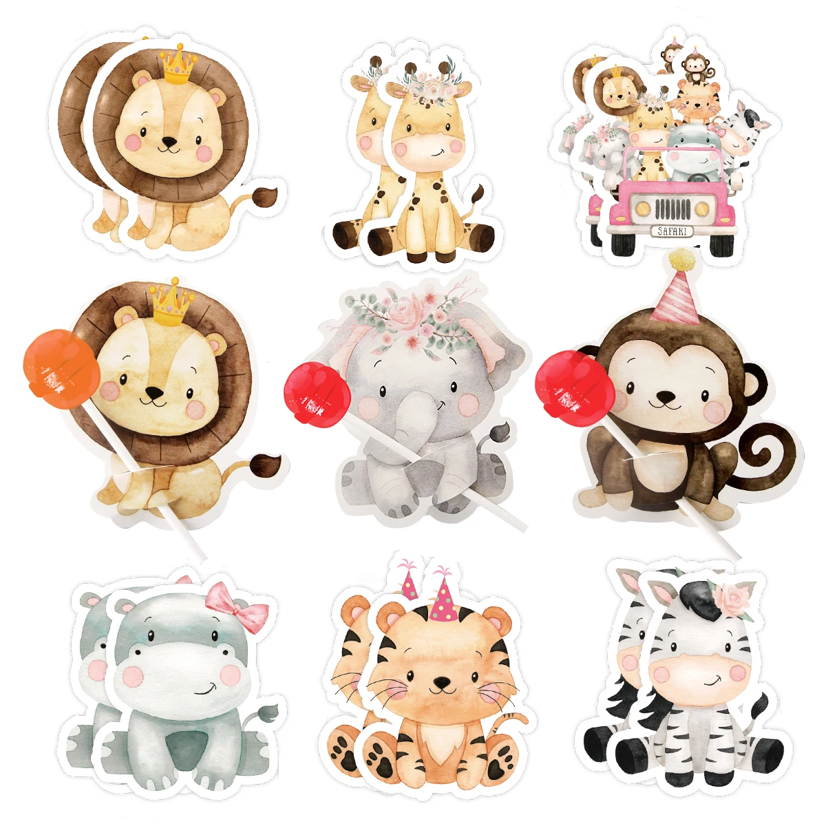 48pcs Pink Carton Animal Lollipop Cards Candy Holder Supplies For Girl\'s Wild Forest Happy Birthday Party Candy Gift Accessory