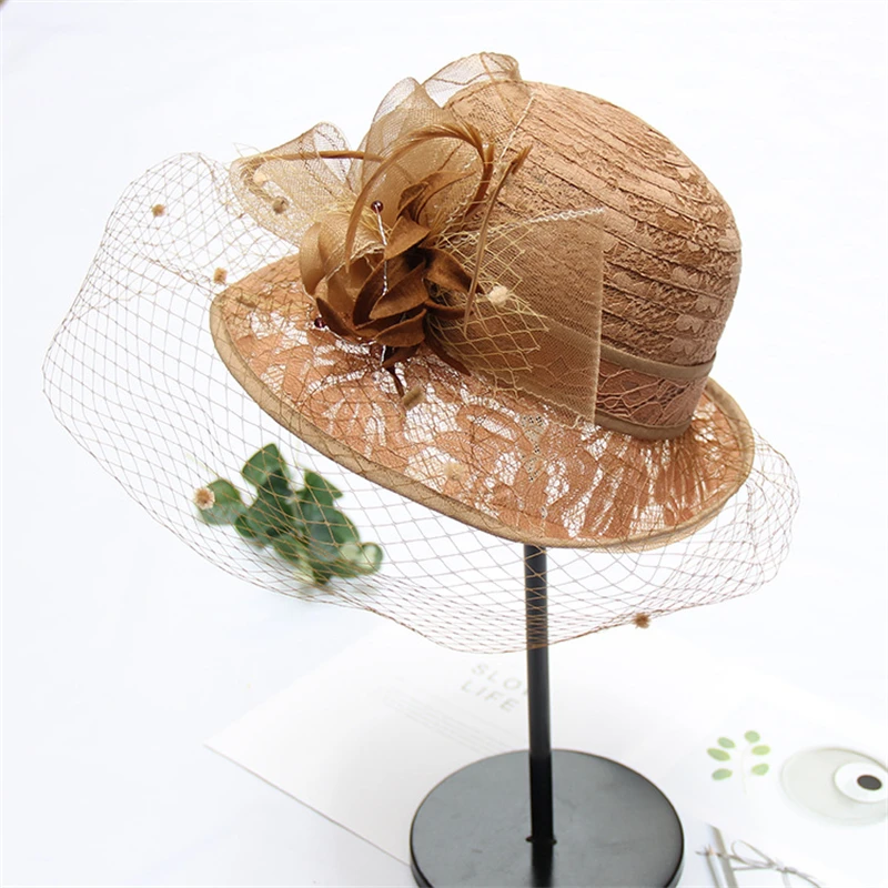 Summer Fashion Lace Fabric Lady Wide Brim Sun Hat For Women Elegant Flower bowknot Wedding Tea Party Church Hat Travel Beach Cap