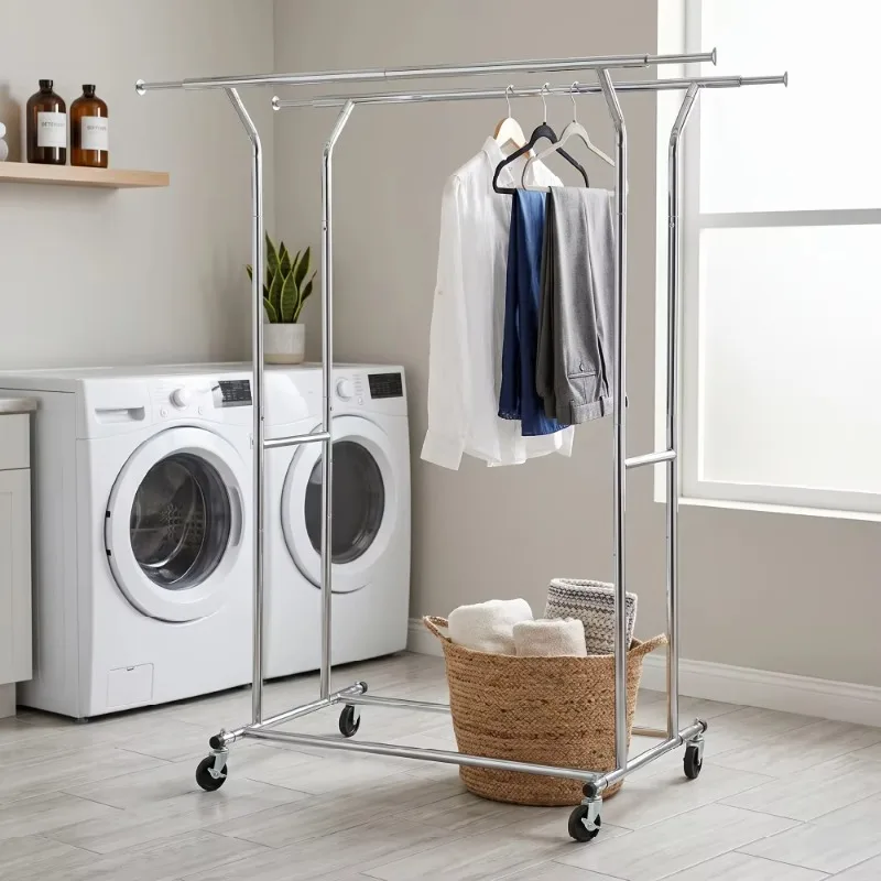 Iron Double-layer Vertical Non-folding Hanger with Wheels, Height Adjustable, Durable, Environmentally Friendly, Paint-coated,