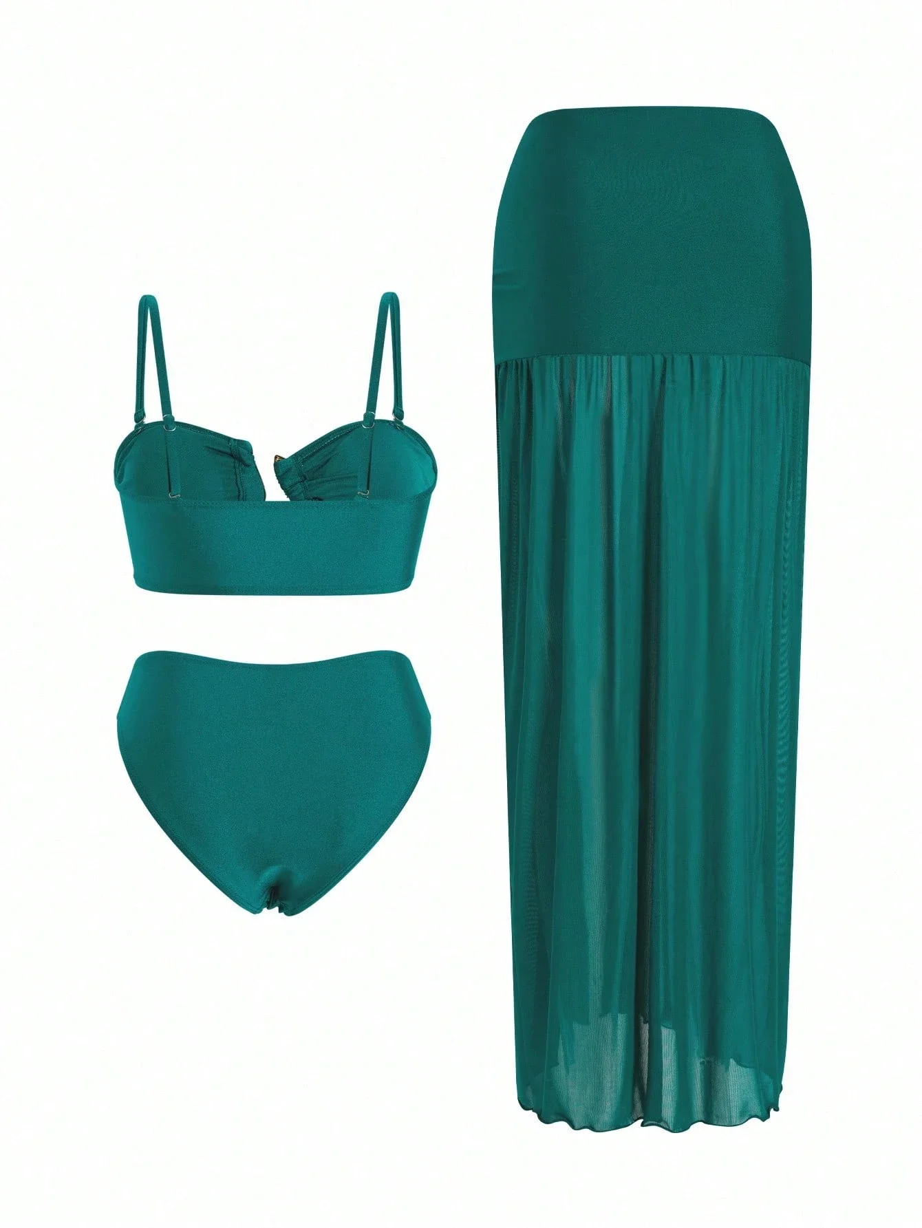 

Emerald Green 3-Piece Women’s Bikini Set Featuring Adjustable Bandeau Top, High-Waist Bottom, And Flowy Maxi Skirt For Beach