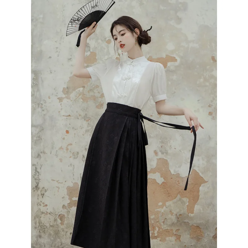 Elegant Chinese Traditional Hanfu Costume for Women Horse Face Skirt Stand Collar National Ming Dynasty Clothing Pleats Skirt