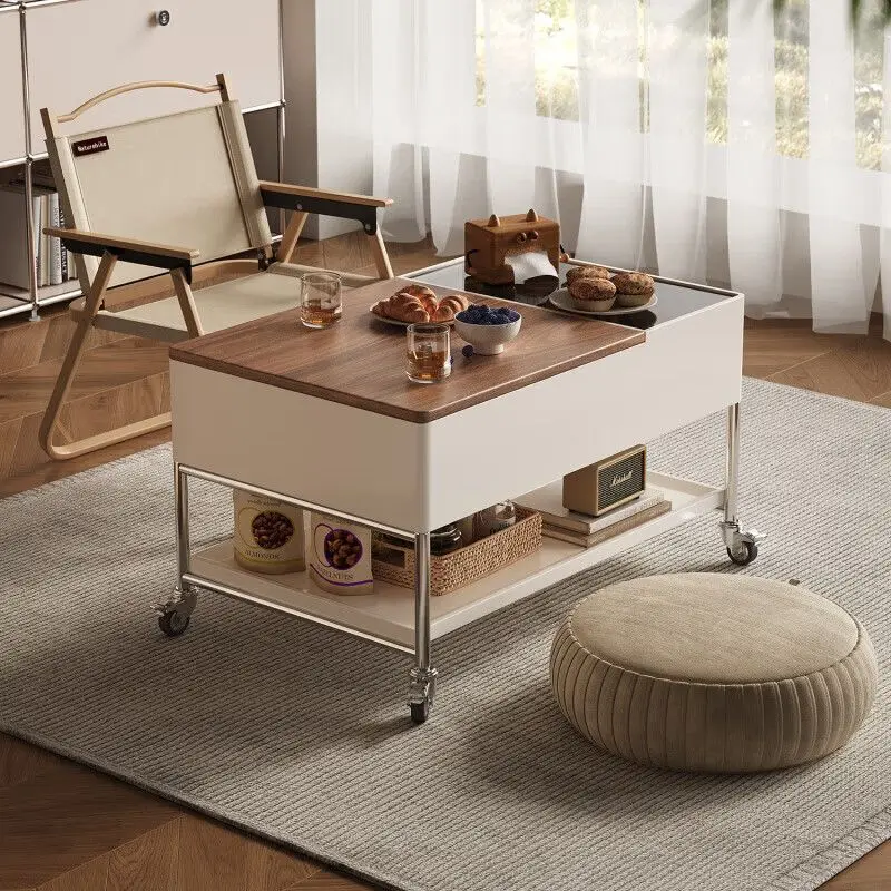 Modern coffee table lift, storage cart, solid wood sofa side table