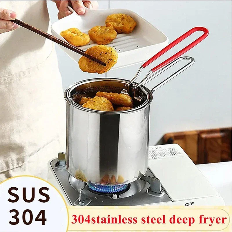 304 Stainless Steel Frying Pan and Frying Pan Set, Japanese Tempura Chicken Basket Cooking Tool  Cooking Pots Set