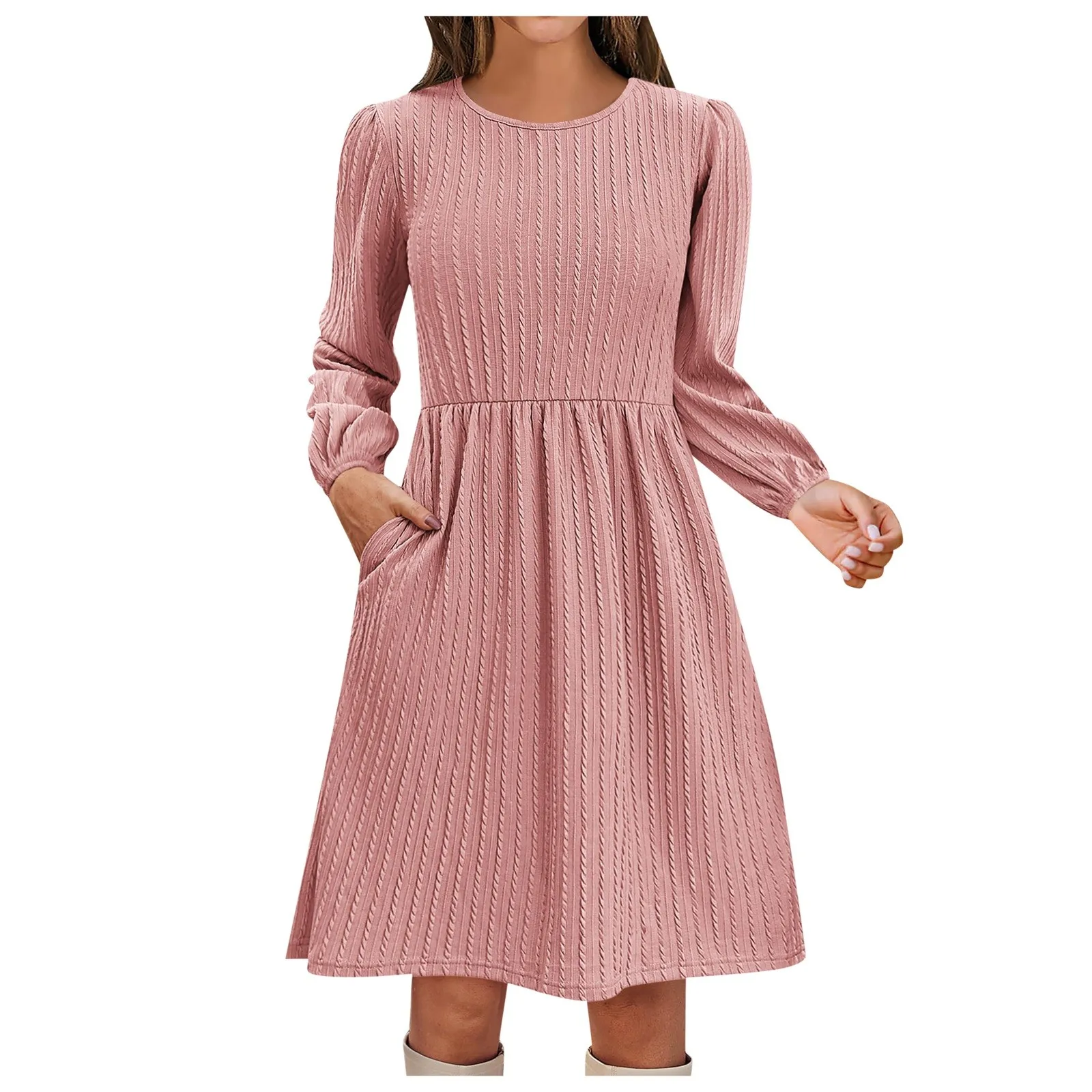 

Women Knitted Dress Flowing A-Line Skirt Elastic Round Neck Pocket Solid Color Knitted Jacquard Long Sleeve Robe Casual Dress