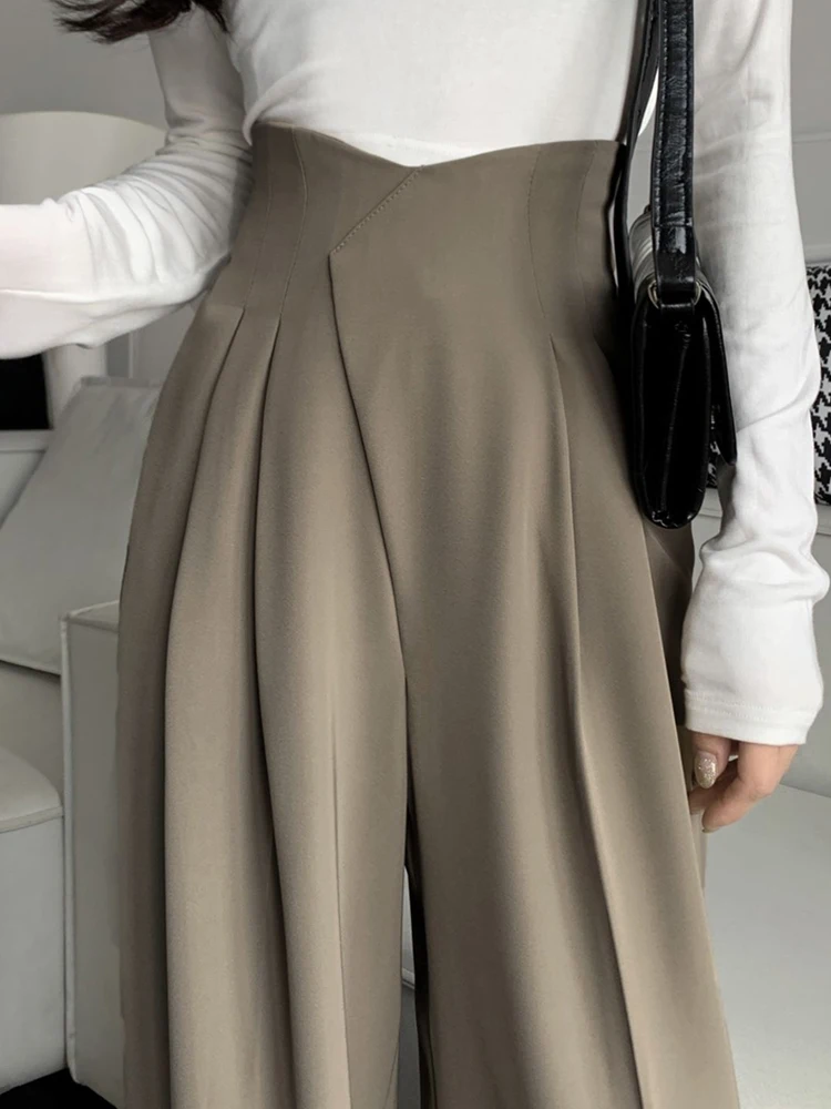 

Ele, широкие брюки с высокой талией, женские повседневные расклешенные брюки длиной до пола, корейский дизайн, простой дизайн из волокна для поездок на работу