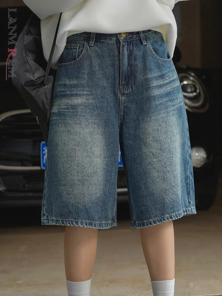 

[LANMREM] Washed Denim Shorts For Women Straight High Waist Loose Streetwear Tide Pants Fashion Female 2024 Summer New 26D8764