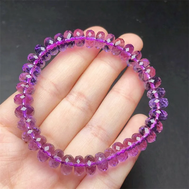 Natural Faceted Amethyst Plate Beads Bracelet Healing Stretch Polychrome Gemstone For Women Birthday Present Lover Gift 1pcs