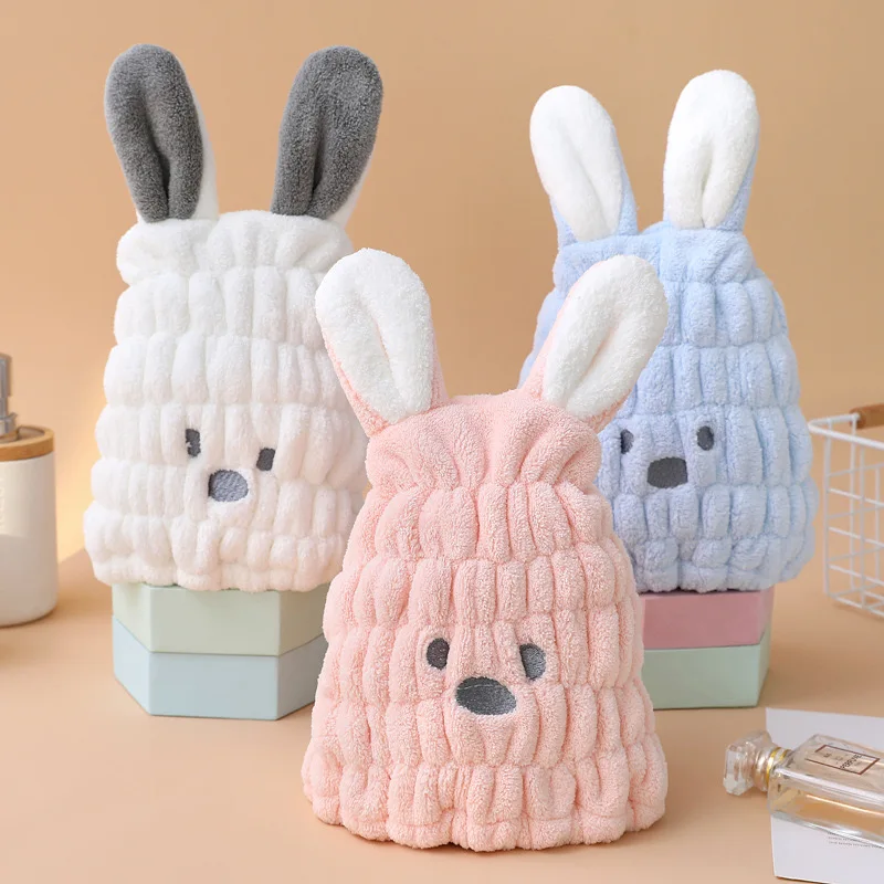 Cute Cartoon Rabbit Hair Drying Towels Soft Coral Fleece Baby Kids Quick Dry Wrap Cap New Women Shower Dryer Towel Hat Absorbent