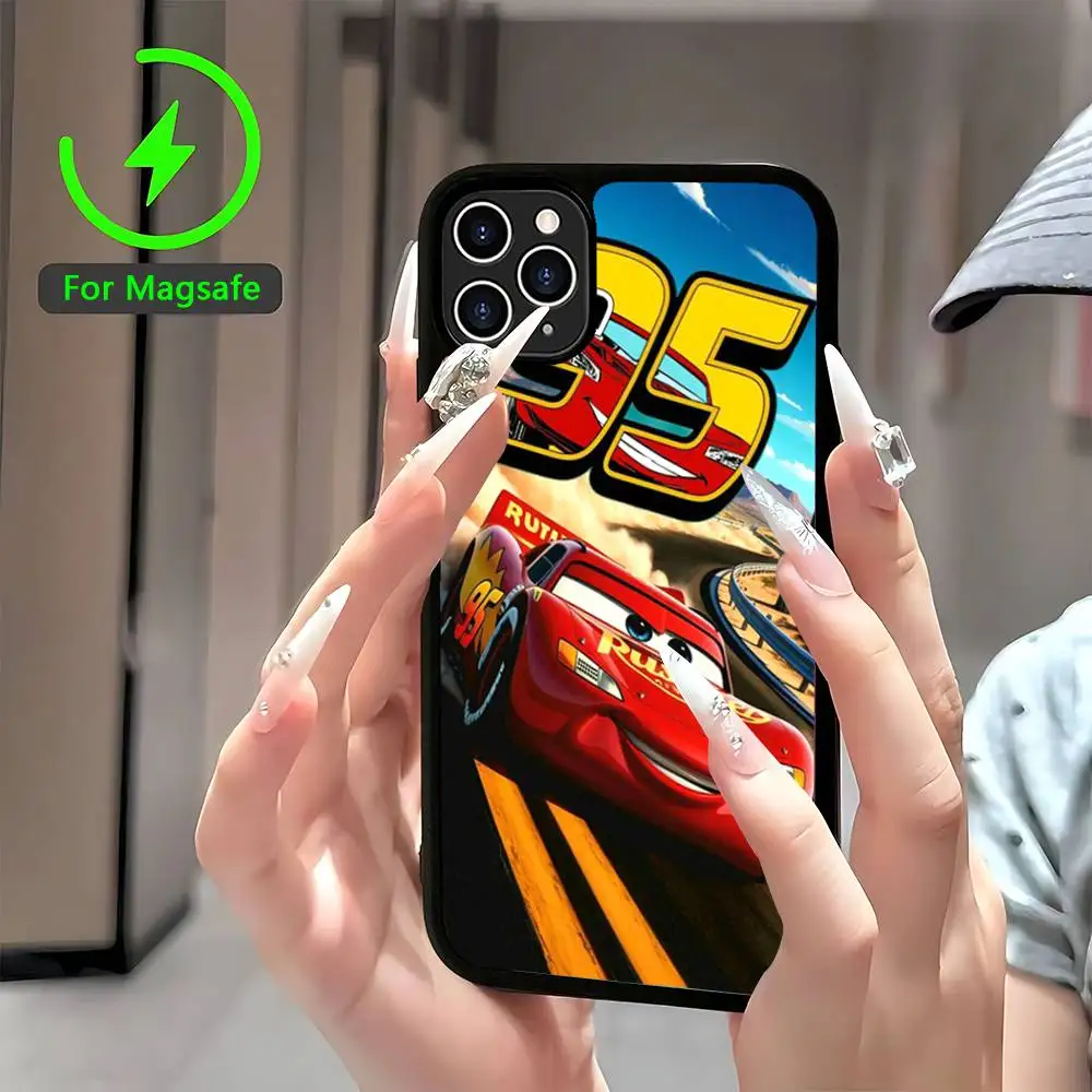 Cartoon Car L-Lightning M-McQueen Magnetic Matte Phone Case For IPhone 16 17 15 14 13 12 11 For Magsafe Wireless Charge Cover