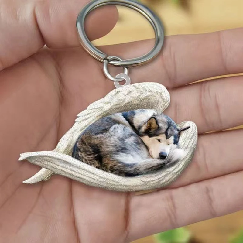 Cute Sleeping Dog with Angel Wings 2D Acrylic Key Chains Lovely Puppy Animal Keychain Car Metal Keyrings Car Key Holder Souvenir