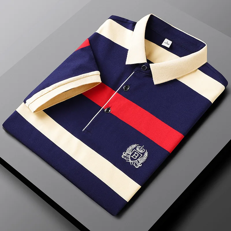 Men Casual Navy Red Cream Striped Polo Shirt Short Sleeve Contrast Collar Emblem Badge Daily Wear Tops Camiseta Masculina