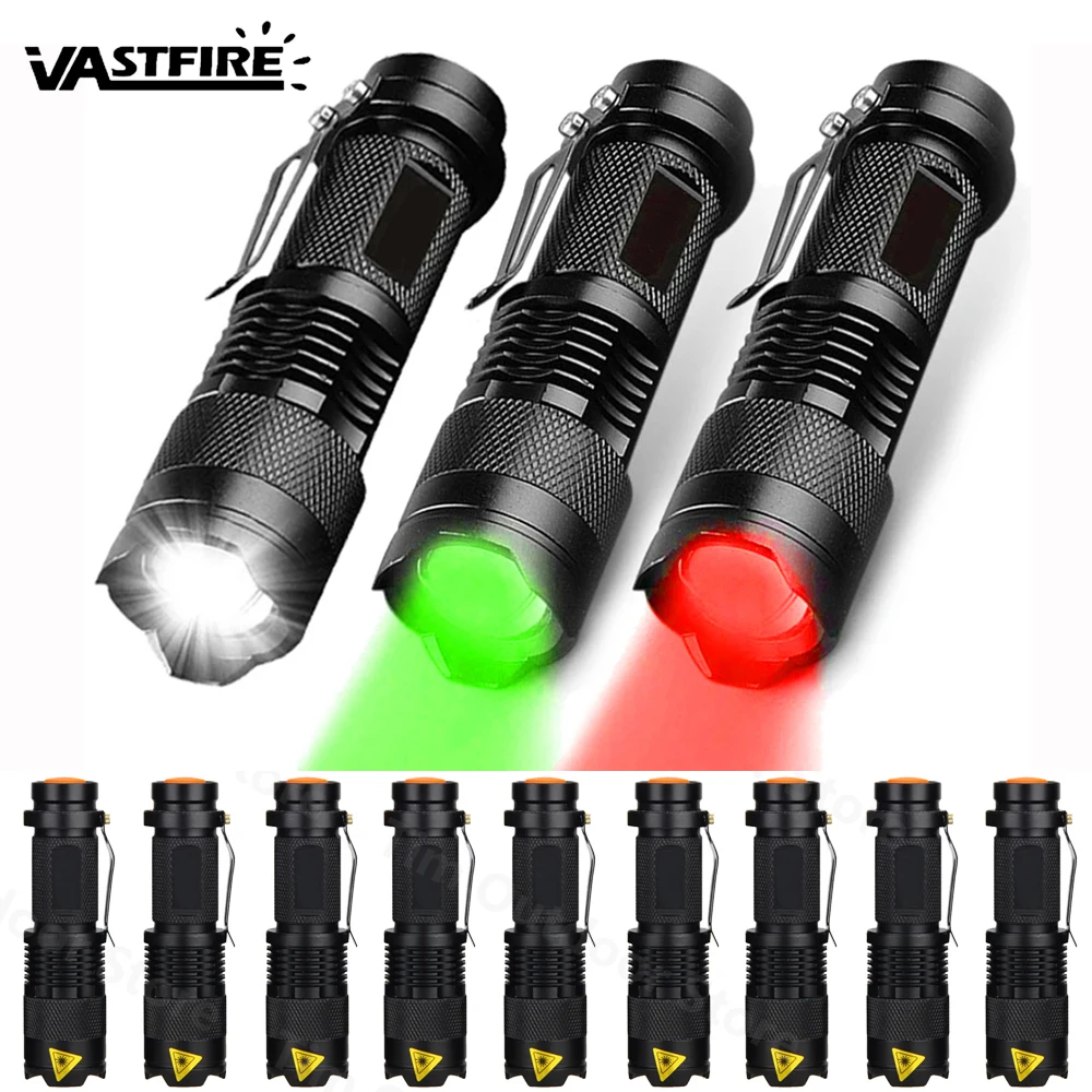 Mini LED Flashlight Green/Red Zoomable Tactical Torch Lamp Hunting Portable Torch Flash light Adjustable Flashlight for Hiking