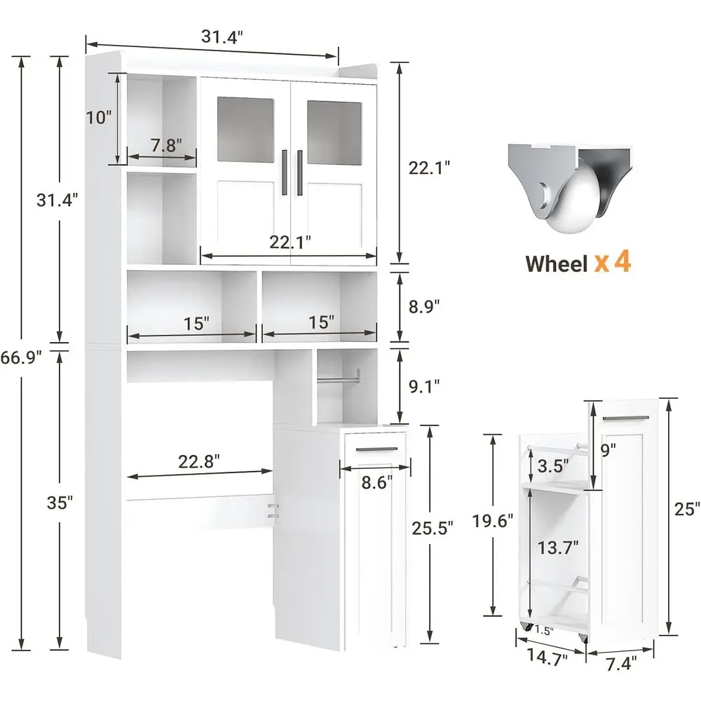 Over The Toilet Storage Cabinet with Pulley Bathroom Storage Cabinet, Home Space-Saving Over Toilet Rack with Glass Do& Open Adj