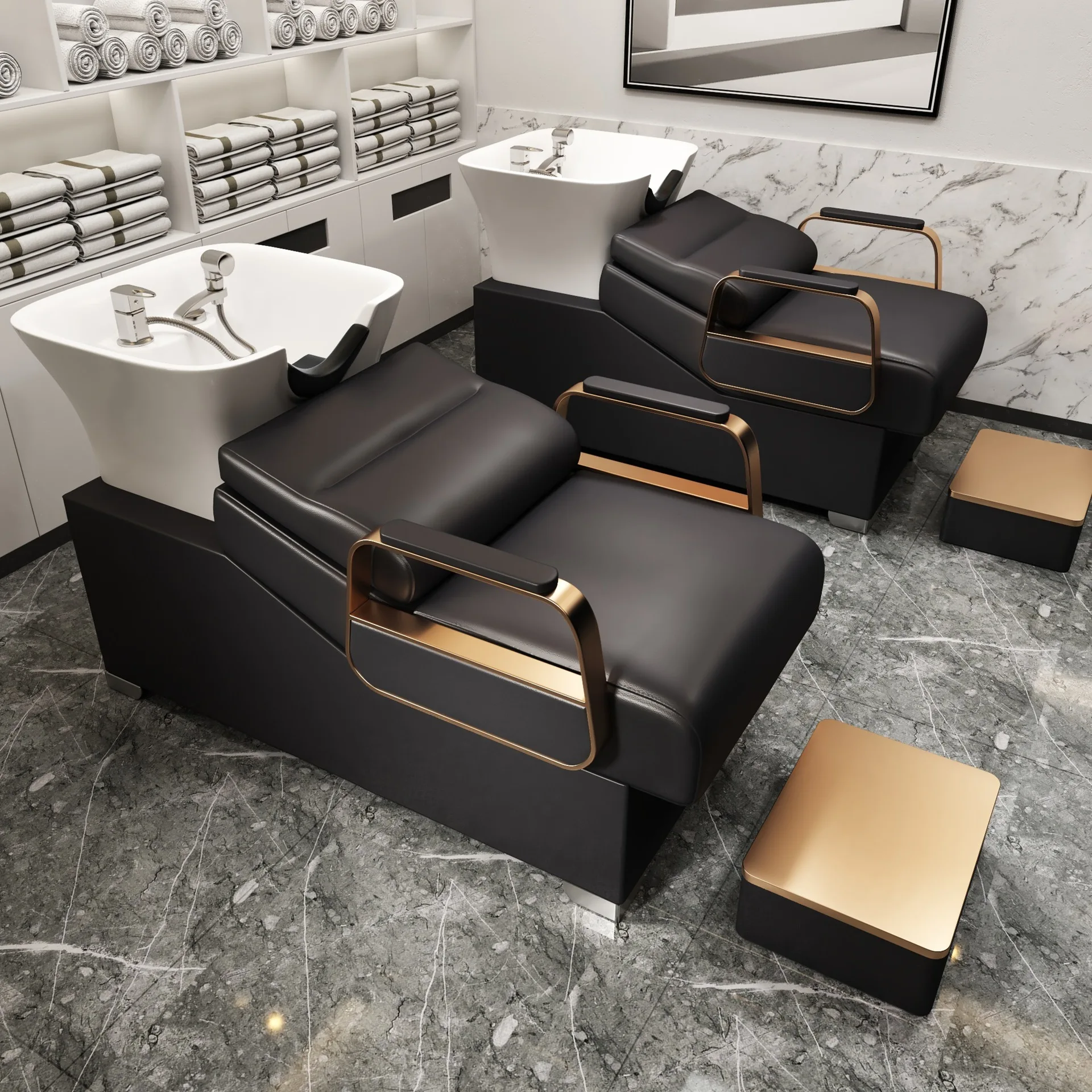 Premium semi-reclining stainless steel shampoo bed barbershop special hair salon flush bed hairdresser ceramic deep basin