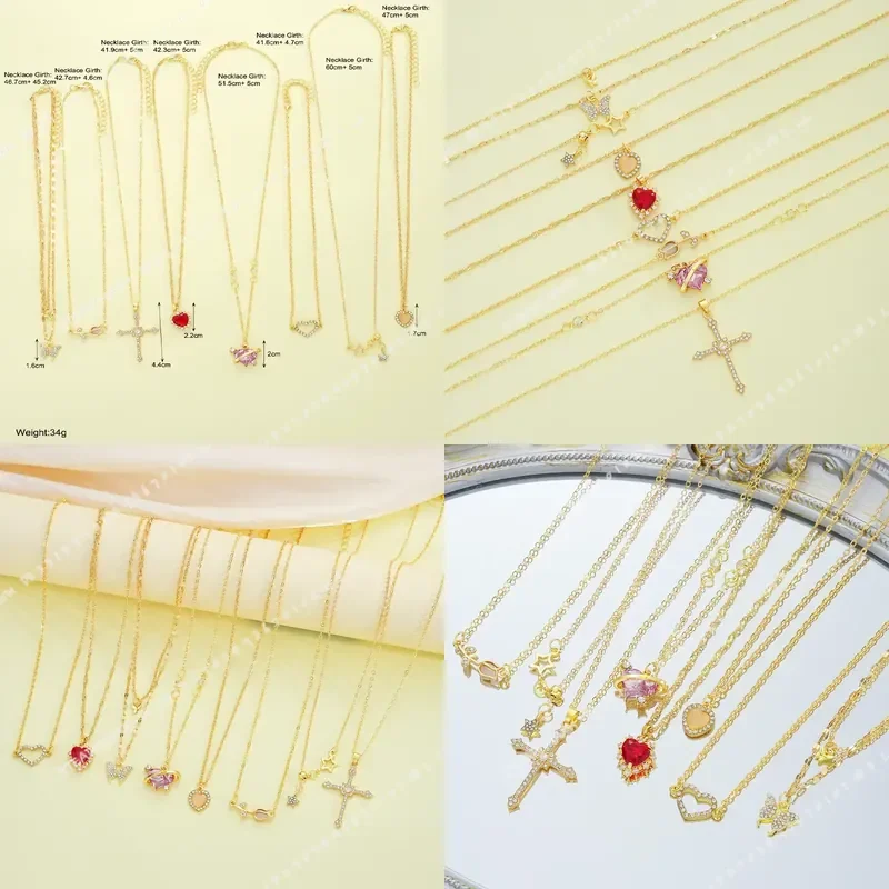 8 Pcs Elegant Gold Color Necklace Set for Women Crystal Butterfly Cross Rose Heart Star Pendant Simple Temperament Jewelry