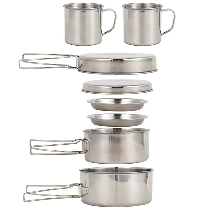 【Price Drop !!】Stainless Steel For Outdoor Activities Cooking Set- 8PCS Camping Cookware Includes Plates And Cups
