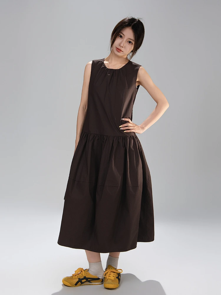 

Artisanal Minimalist Brown Sleeveless round Neck Vest Dress Women Summer High Waist Cotton Zipper A-Line Dress Casual Wear