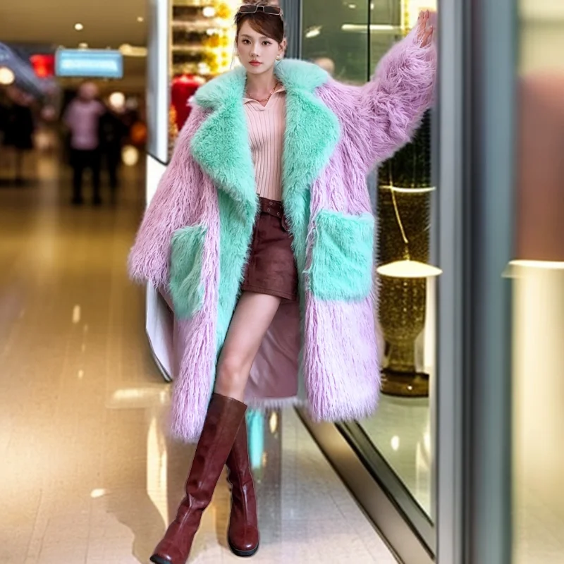 Lady Lilac Faux Fur Coat Lapel Loose Shaggy Outerwear Long Jacket Female Streetwear Women\'s Winter Coats Performance Costume