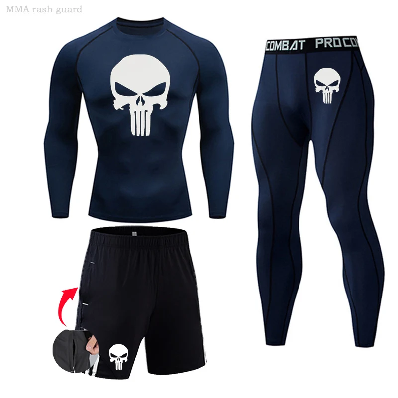 3 Piece Men\'s Full Suit Tracksuit MMA Tactics winter thermal underwear Skull rashgard Male Compression sport Tights jogging suit