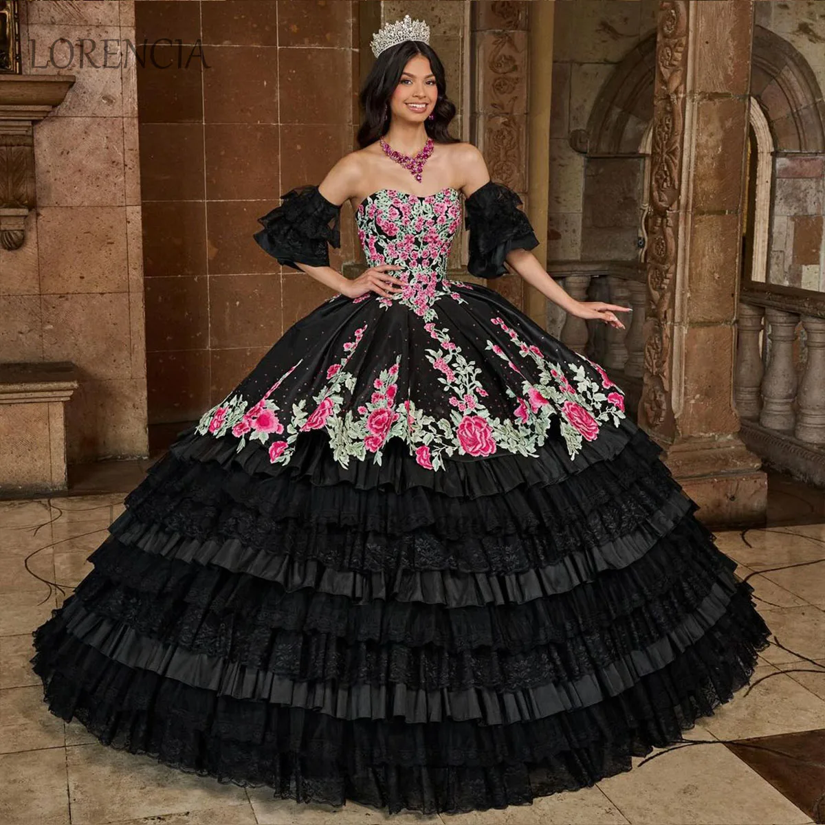 

Роскошное черное бальное платье с вышивкой, платья для Quinceanera без бретелек 2024, милые платья 16, платья с 3D цветами, платья на шнуровке 15 лет